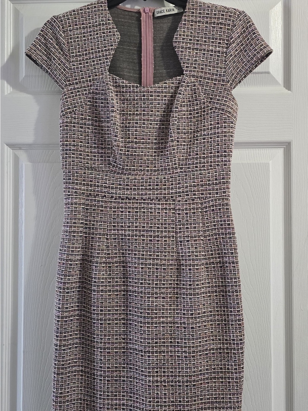 Grace Karin Pink Textured Tweed Midi Dress
